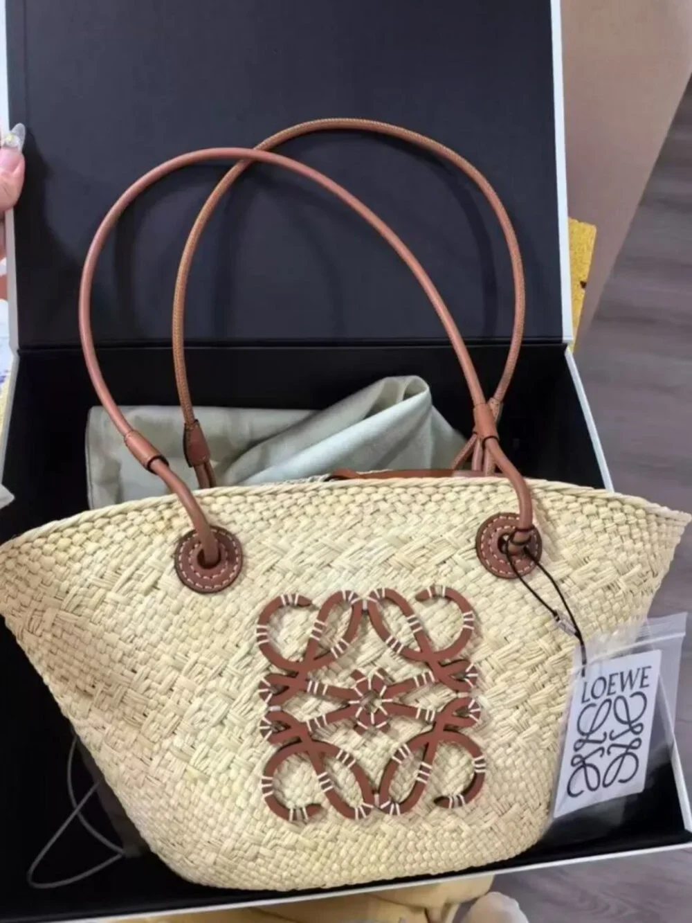 Loewe Anagram Leather Trim Raffia Open Top Tote Bag